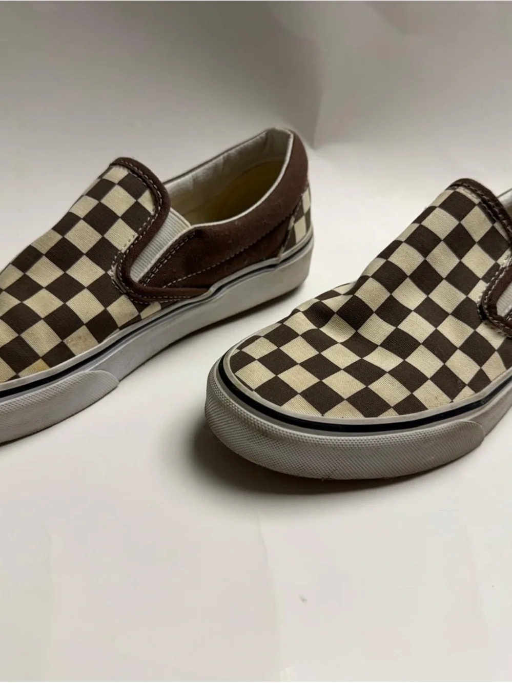 Vans Kids Brown and Cream Checkerboard Slip-On Sneakers